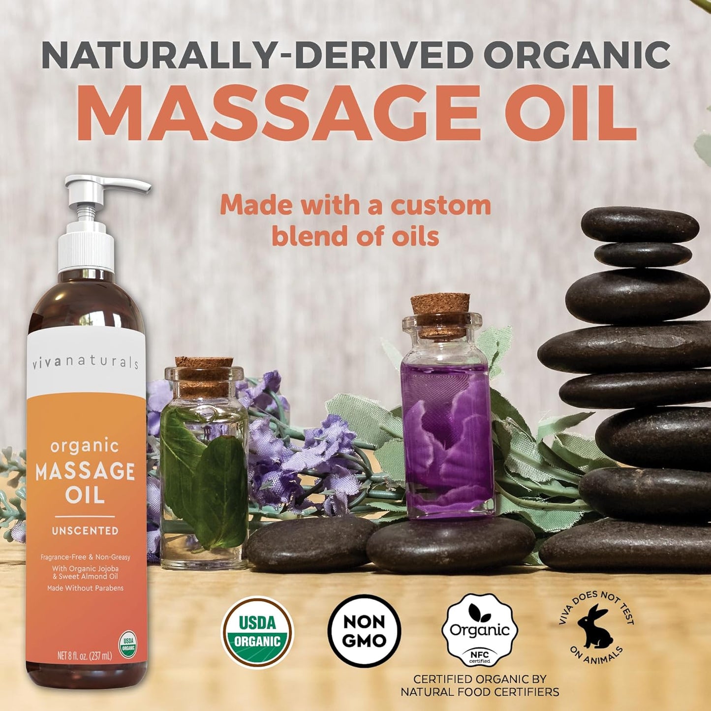 Viva Naturals Organic Massage Oil Unscented (8 fl. oz.) - Non-Greasy Body Oil with Mess-Free Pump, Moisturizing Massage Oils for Massage Therapy, Non-GMO and Certified Organic, 237 mL