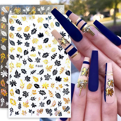 8 Sheets Fall Leaves Nail Art Stickers Gold Maple Leaf Self-Adhesive Nail Decals 3D Stickers Foil Autumn Maple Nail Designs Laser Shiny Manicure Tip Fall Nail Decorations for Thanksgiving Day Supplies