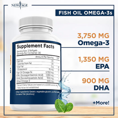 Triple Strength Omega 3 Fish Oil 3750 mg - EPA & DHA - Over 3000mg Omega-3 Fatty Acids - 1350mg EPA + 900mg DHA - Best Essential Fatty Acids, Burpless Fish Oil - 270 Count