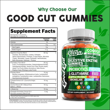 Digestive Enzymes with Probiotics and Prebiotics For Digestive Health Gummies + L-Glutamine For Gut Health Bromelain Turmeric Licorice Fiber Apple Pectin Inulin FOS Plant Pased Vegan Gummy Vitamins