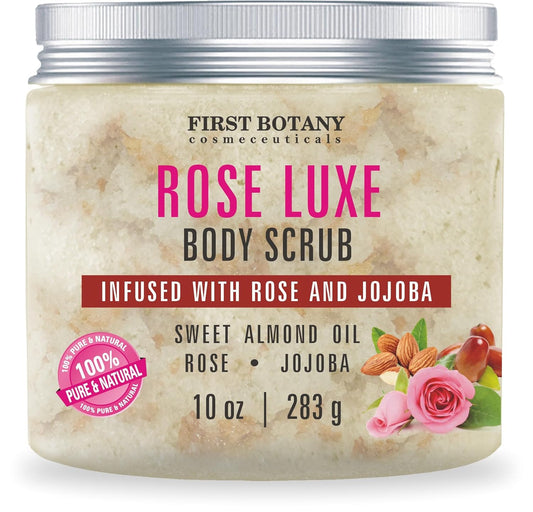 First Botany Body Scrub - Natural Exfoliating Salt Scrub & Body and Face Souffle helps with Moisturizing Skin, Acne, Cellulite, Dead Skin Scars, Wrinkles (10 fl oz, Rose)