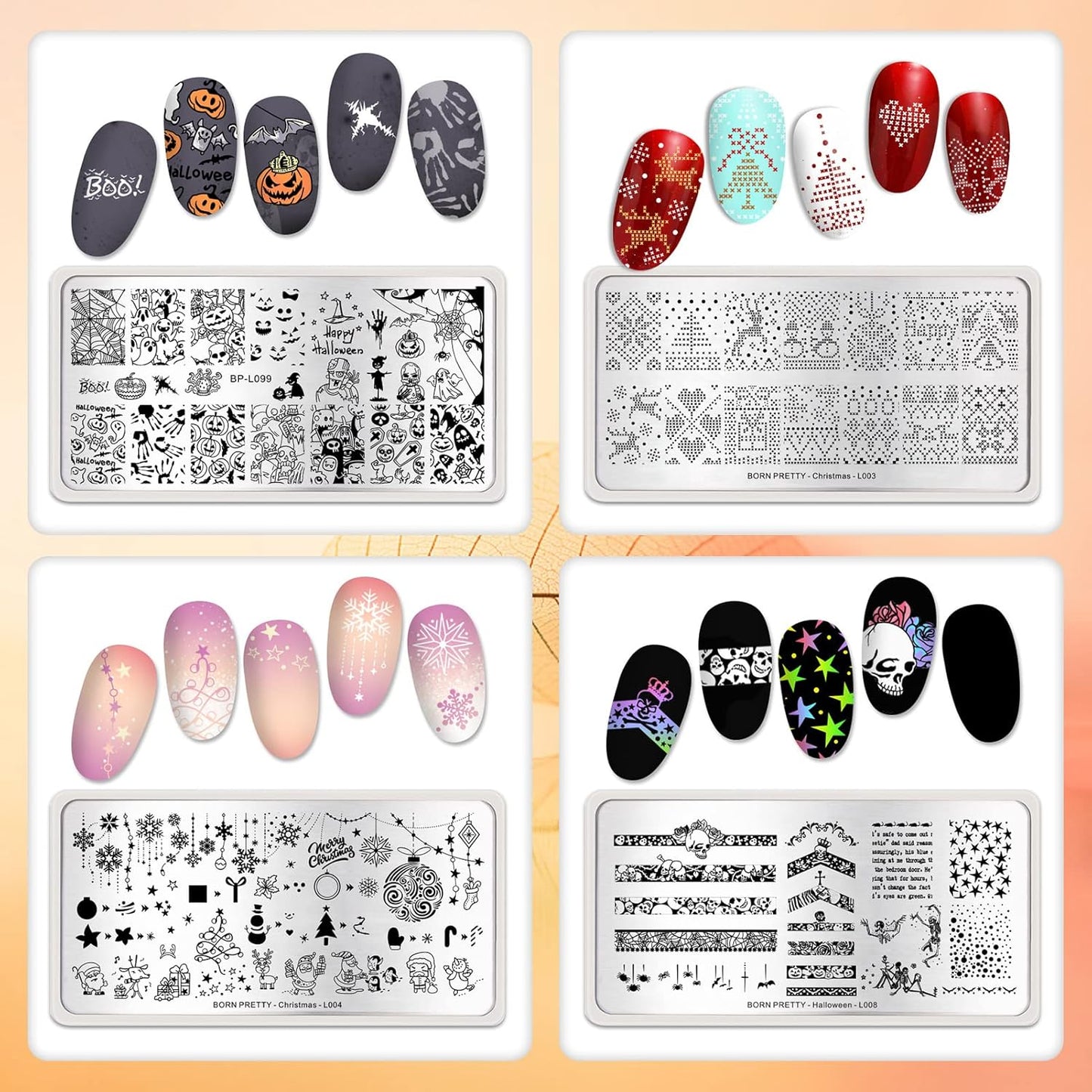 Born Pretty Nail Stamping Plates 8PCS Nail Art Design Kit Fall Winter Halloween Christmas Tree with Snowflake Cute Deer Nail Art Image Plates Halloween Christmas Patterns Templates DIY Printing Tools