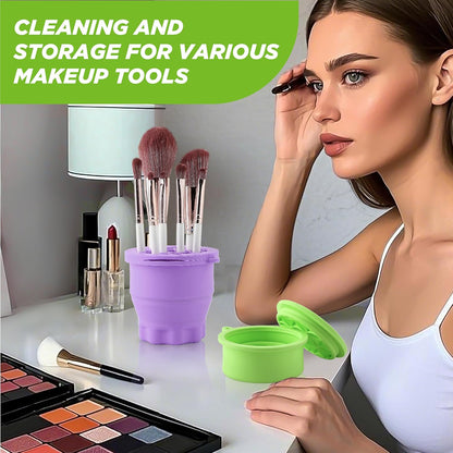 Makeup Brush Cleaner - Foldable Silicone Makeup Brush Cleaner Mat with Brush Storage Holder Makeup Brush Cleaning Bowl Cosmetic Brush Washing Tool for Cleaning Organizer and Drying (Purple and Green)