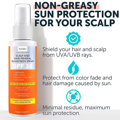 Premium SPF 30 Hair Sunscreen Spray | Non-Greasy UV Protection for Hair and Scalp | Prevents Color Fade and Dryness | Travel-Size UV Protection | Beach SunBlock | Scalp Sunscreen 4 oz 120 ml