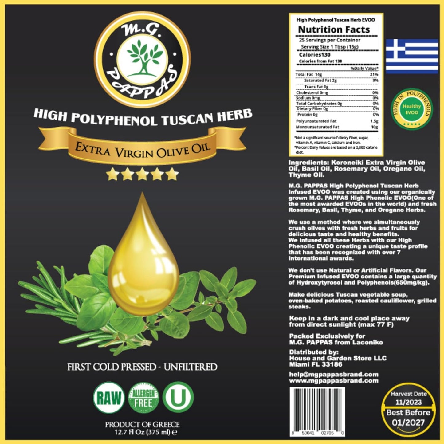 M.G. PAPPAS High Polyphenol Tuscan Herb Infused Olive Oil Extra Virgin - Polyphenol Lab Report 650mg/kg - Unfiltered First Cold Pressed Greek EVOO - Award Winning - Salads Dipping Cooking Baking