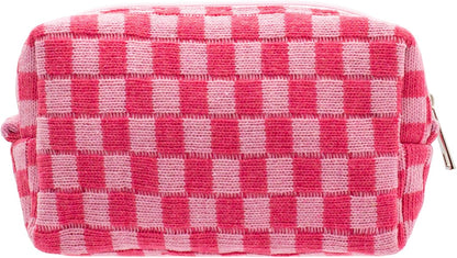 PAZIMIIK Checkered Makeup Bag for Purse Portable Zipper Make Up Pouch Small Cosmetic Case for Travel Accessories (Hotpink)