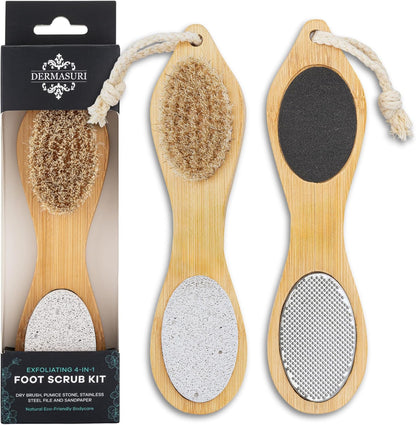 Dermasuri 4 in 1 Exfoliating Foot Scrub Kit - Multi Purpose Foot Care - Natural Bamboo Pedicure Foot Spa Kit - Pumice Stone Callus Remover, Stainless Steel File, Sand Paper Surface, & Dry Brush