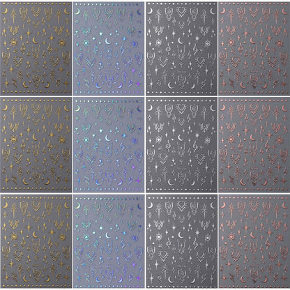 12 Sheets Metallic Nail Art Stickers - Sun Star, Moon Rose & More - 3D Self-Adhesive, Shiny Laser Gold & Silver - Holographic, Glitter for Women's Nail Manicure Decorations