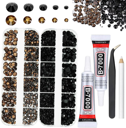 Black and Brown Rhinestones with Glue(S8-S30) for Bedazzling,2mm-6mm Non-Hotfix Flatback Nail Gems Beads with B7000, Resin Nail GemsStones Diamond Kit for Bedazzle Crafting, Nails DIY Art Decoration