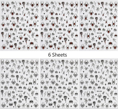 6Sheets Halloween Nail Art Stickers Decals, 3D Spider Nail Sticker Halloween Nail Decoration Self-Adhesive Black Red Silver Glitter Star Spider Web for Nails Stickers DIY Manicure Art Decoration
