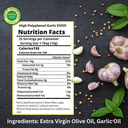 M.G. PAPPAS High Polyphenol Rich Garlic Infused Olive Oil - Extra Virgin Olive Oil Polyphenol Lab Report 650mg/kg - Cold Pressed & Unfiltered - High Hydroxytyrosol Greek Olive Oil - Award Winning