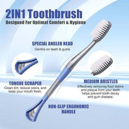 2IN1 Toothbrush Medium with Tongue Scraper, Medium Toothbrushes for Adults, Travel Toothbrushes with Ergonomic Handle, Assorted Colors, 6 Pack