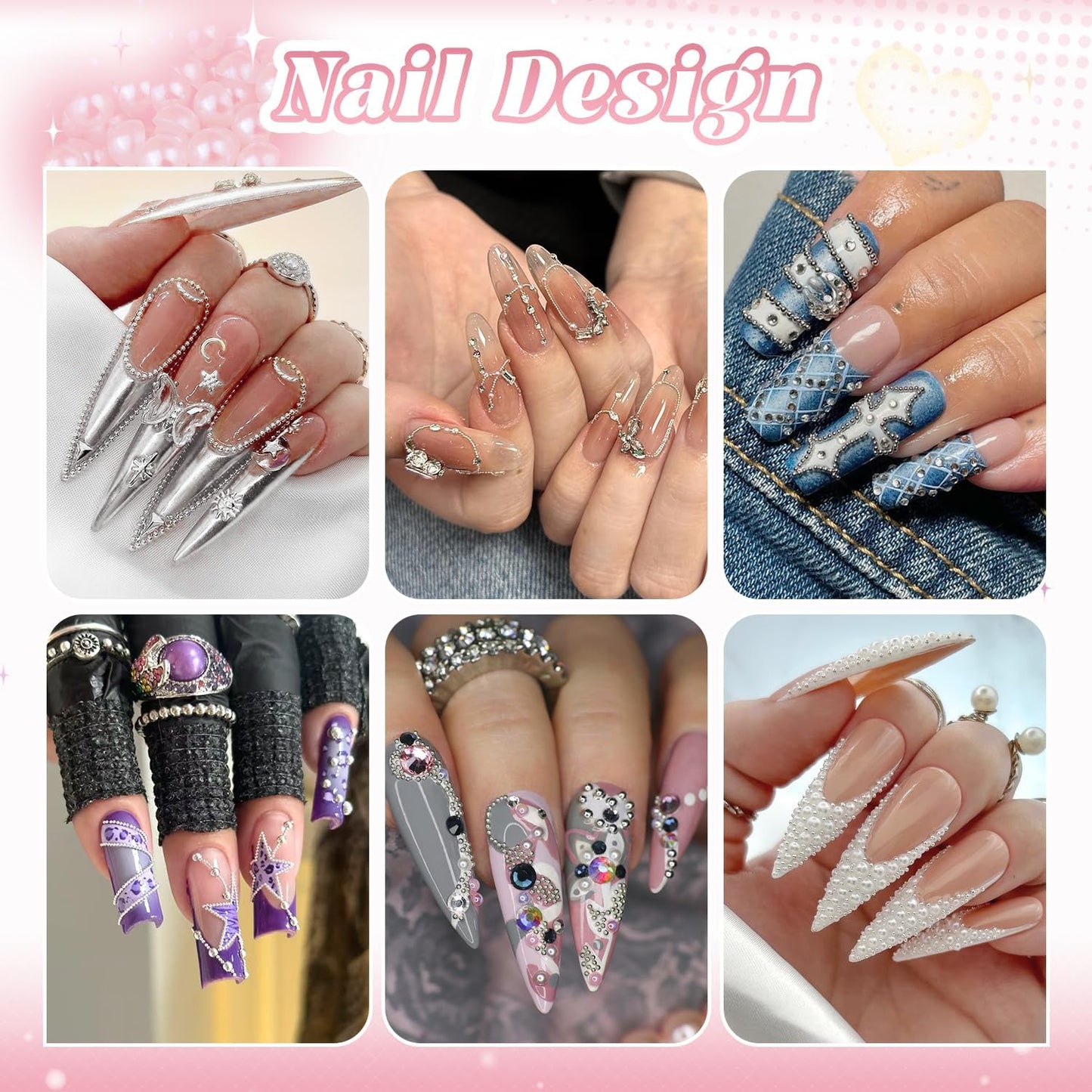 1-3MM Mini Small Nail Beads Metal Caviar Bead Silver Nail Charms and Gems Ball, Nail Chain for Nail Art Accessories Supplies Silver Rhinestones for Women Manicure