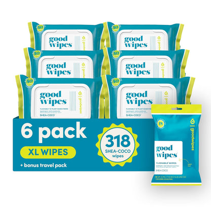 goodwipes Flushable Butt Wipes - Vitamin E & Aloe - Sewer & Septic Safe - Extra Large Adult Wet Wipes For Women & Men - Bathroom Essentials - Shea Coco, 318 Count (6 Packs + 1 Travel)
