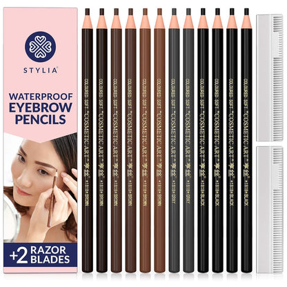 Stylia Waterproof Eyebrow Pencils For Women – Long-Lasting Microblading Supplies Brow Pencil, Perfect for Eyebrow Shaper, Filling & Defining Natural-Looking Brow - (12PC in 5 Colors)