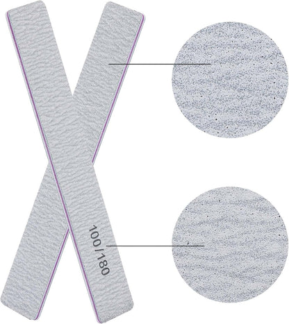 100/180 Grit Nail Files for Acrylic Nails, Rectangle Double Sides Emery Boards Fingernail Files Professional Nail Buffering Files, 12 Pack