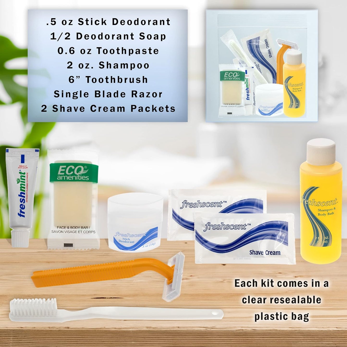 Moda West 96 Kits - Bulk Case of Wholesale Basic Toiletry Bathroom Kits for Men, Women, Travel & Charity, Shampoo, Toothpaste, Deodorant & More, Perfect for Homeless Shelters & Airbnb Donation