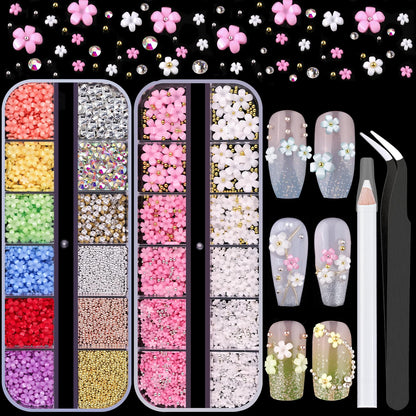 3D Flowers for Nails, Colorful Acrylic Flower Nail Charms with Caviar Beads, Flat Back Glass Crystal AB + Clear Gemstones Round Gems Rhinestones for Nails and Acrylic Nails with Dotting Tools