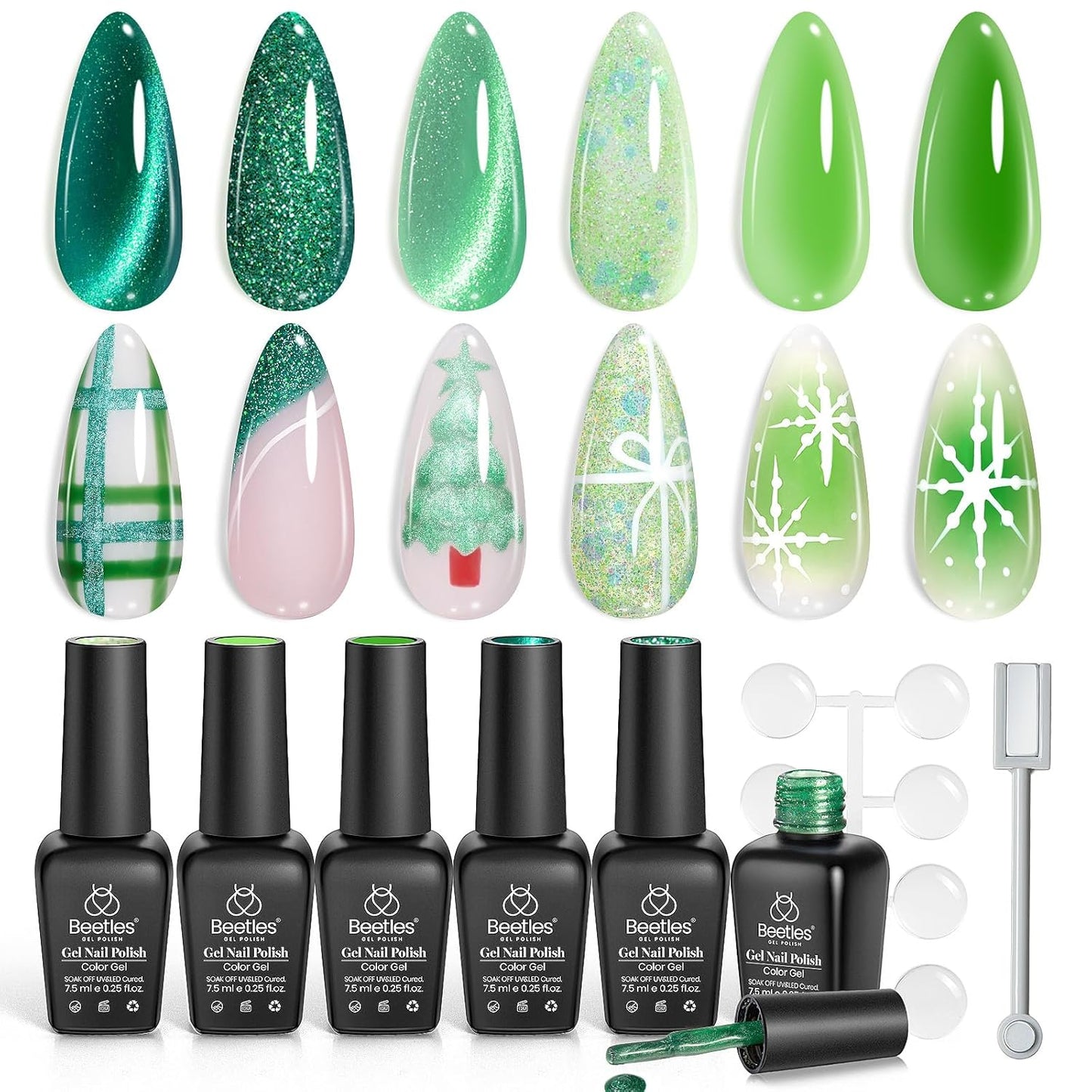 beetles Gel Polish Christmas Green Gel Nail Polish Set Cat Eye Jelly with Color Swatch Dots Magnet 6 Color Glitter Enchanted Forest Theme for Salon Manicure Nail Art DIY at Home Gift for Women Girls