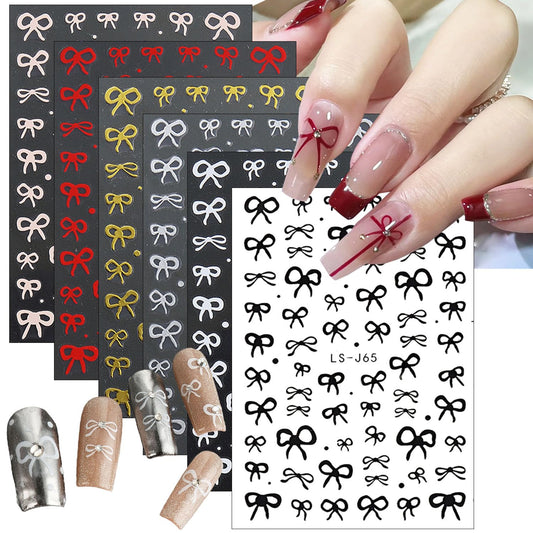 Bows Nail Stickers - Black & White Bow Knot Designs for Simple & Cute Valentines Nail Art - Pink, Red, Silver - 3D Self-Adhesive Stickers for Women - 6 Sheets
