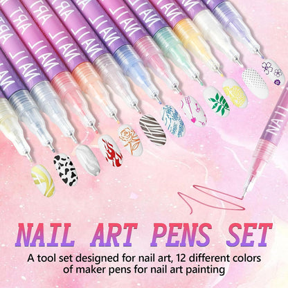 12 Colors Nail Art Pens Set, Nail Art Markers for Gel Nails, Drawing Painting Point Liner Acrylic Painted Pen Kit, Waterproof and Quick-drying Nail for DIY Nails Art Design Manicure Tools