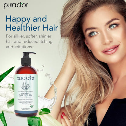 PURA D'OR 16 Oz ORGANIC Aloe Vera Gel - Lavender - All Natural - ZERO Artificial Preservatives - Deeply Hydrating & Moisturizing - Sunburn, Bug Bites, Rashes, Small Cuts, Eczema Relief - Skin & Hair