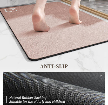 Diatomaceous Earth Bath Mat Rugs Quick Dry Super Absorbent Non Slip Rubber BottomThin Bathroom Mat Fit Under Door, Floor Rugs in Front of Bathtub,Shower Room,Sink,Washable, 17" x 32", Blush Pink