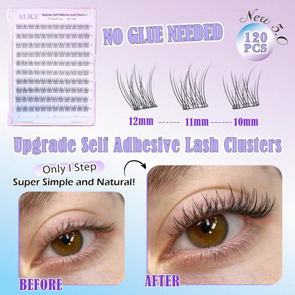ALICE Self Adhesive Eyelashes Natural Self Adhesive Lash Clusters No Glue Needed Wispy Reusable Press on Lashes Pre-Glue 10-12mm 120pcs DIY Eyelash Extensions