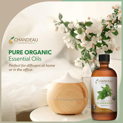 100% Pure Organic Essential Oil, Pure Peppermint Essential Oil for Aromatherapy, Soap Making, Candles, Laundry, Perfume, Cleaners or Diffusers - Large Amber Glass Bottle, 16 oz.