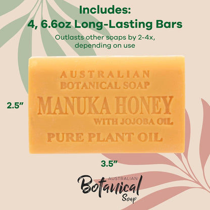 Australian Botanical Soap Manuka Honey with Jojoba Oil 6.6 OZ Luxury Soap Bars Enriched with Shea Butter Suitable for Men, Women and All Skin Types, Pack of 4