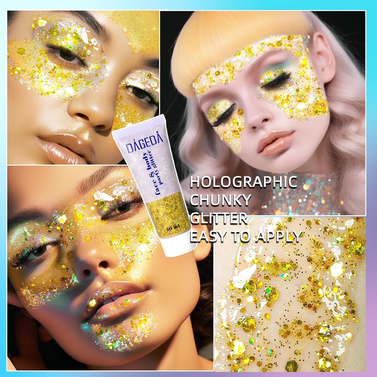 DAGEDA Body Glitter Gel, Face Glitters Body Gel Sequins Shimmer Liquid Eyeshadow, Chunky Glitter for Face Hair Nails, Holographic Cosmetic Laser Powder Festival Glitter Makeup 50ml(Gold