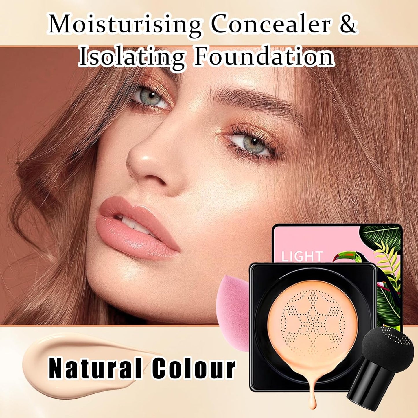 2Pcs Mushroom Head Air Cushion CC Cream Foundation Makeup,Moisturizing BB Cream Face Makeup Liquid Foundation,Long Lasting Full Coverage Concealer for All Skin Types（Natural）E