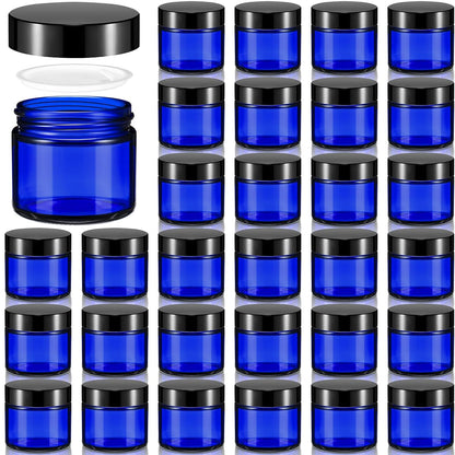 Domensi 32 Pcs 2 oz Glass Jars with Lids Travel Size Round Leakproof Empty Cosmetic Jars with Inner Liners Lid for Storing Makeup Lotions Face Cream Ointments Candle DIY Making (Cobalt Blue)
