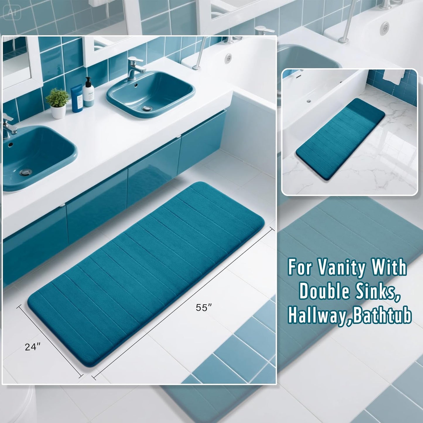 Yimobra Bathroom Runner 55"x24", Non Slip Memory Foam Bath Mat, Super Soft Water Absorbent Hallway Carpet, Machine Washable Rug for Vanity Tub Shower, Peacock Blue