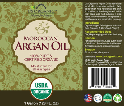 US Organic Moroccan Argan Oil, USDA Certified Organic,100% Pure & Natural, Cold Pressed Virgin, Unrefined, Origin_Morocco, Size for DIY and small manufacturers (128 oz (1 Gallon))