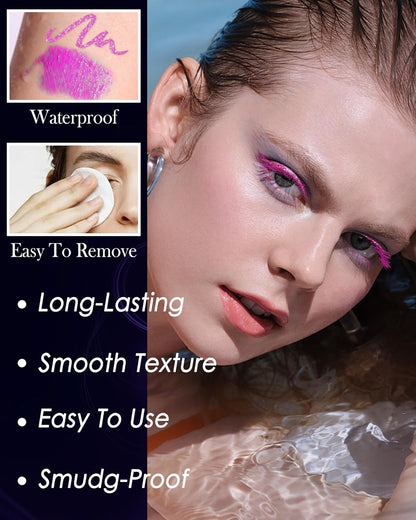 UV Neon Blue Mascara & Eyeliner Set, Waterproof Volumizing Colored Mascara Volume and Length for Lashes Lengthening, Long Lasting Glitter Liquid Eyeliner Pencil, Halloween Glow in the Dark Makeup-02