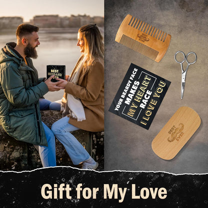 Gifts for Husband - Beard Kit for Men Grooming and Care with Brush, Comb, Scissors & Storage Bag - Husband Birthday Gift Ideas, Fathers Day Birthday Gifts for Men, Beard Growth Kit
