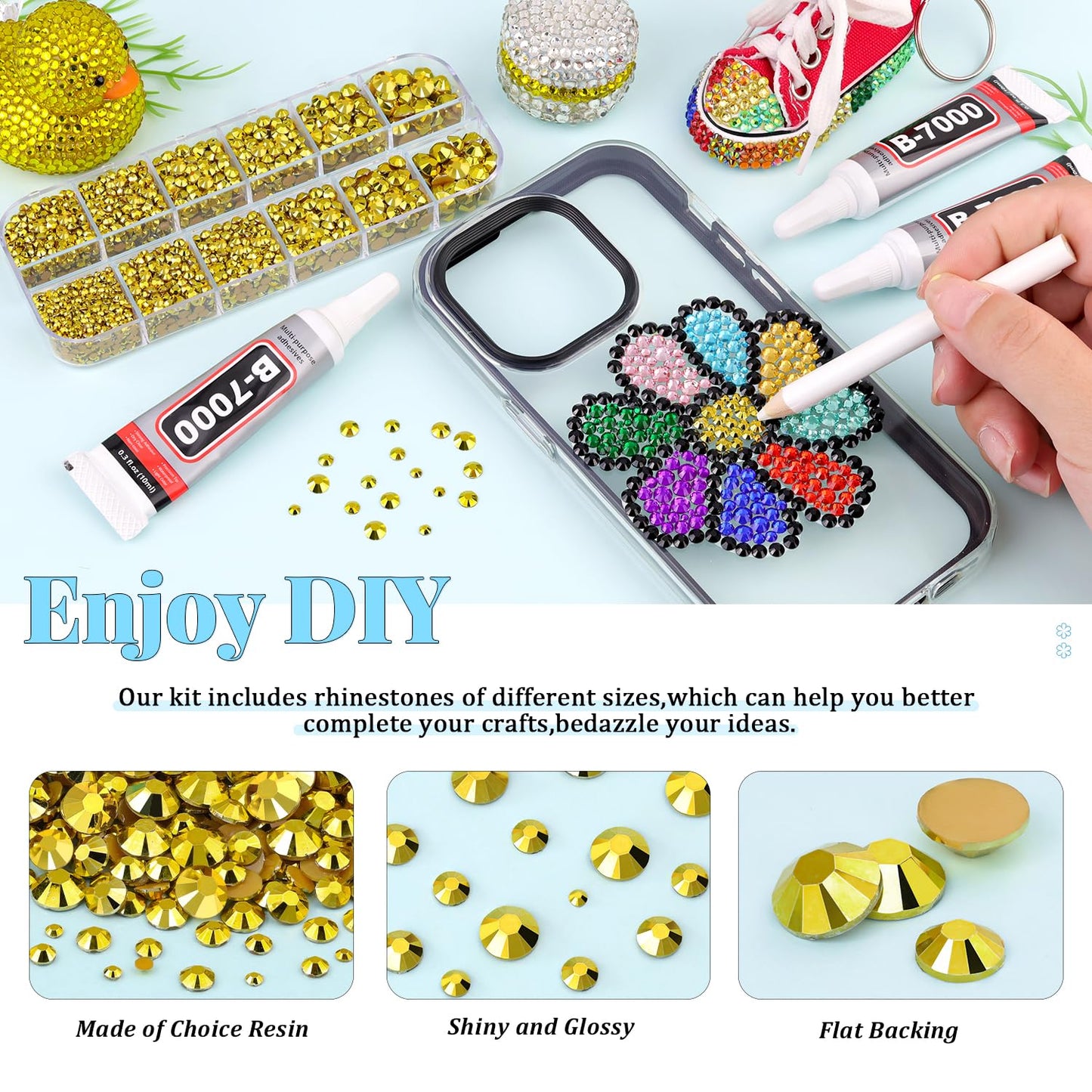 6000Pcs Resin Rhinestones for Bedazzling with 3Pcs B7000 Jewelry Glue, 1 Box Bright Gold Flatback Rhinestones for Crafting Crafts DIY, Crystals Gems for Clothing Shoes Tumblers Nail Art Makeup