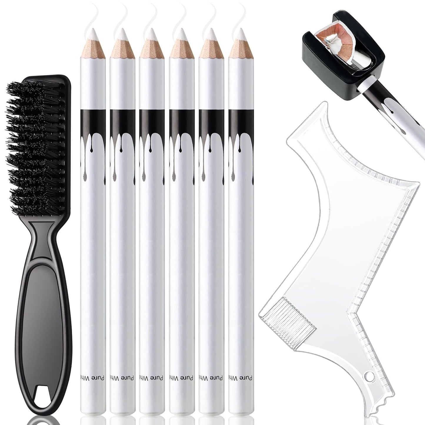White Barber Pencil for Lineup Magic Hairline Beard Guide Shaping Pencils Barber Chalk for Design Hairline Razor Trace Barber Pencils Set with Sharpener Ruler Brush for Men