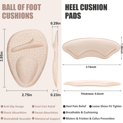 Heel Cushion Pads, Metatarsal Pads for Women, Ball of Foot Cushions, Liners for Pain Relief, Prevent Blisters Friction, Shoe Inserts for Loose Shoes to Make Fit Tighter (4 Pairs)