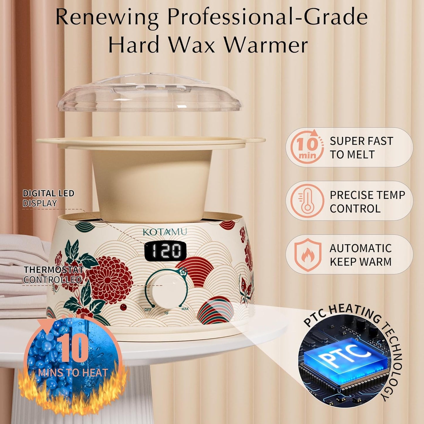 KOTAMU Waxing Kit for Women & Men, Wax Warmer for Hair Removal, Digital Wax Kit with Silicone Pot，Ideal for Face Eyebrow Arm Legs Armpit &Sensitive Skin, Lucum Waxing Machine for Home Salon Use