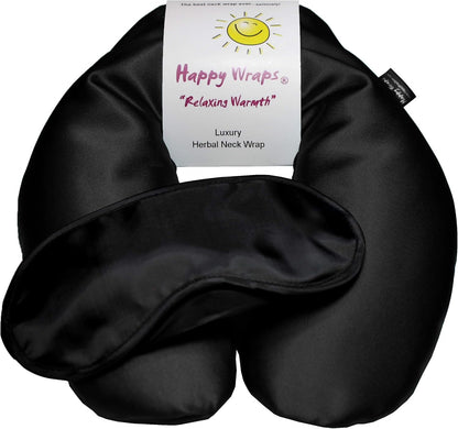 Microwavable Herbal Neck Wrap - Hot Cold Aromatherapy Neck Warming Pillow - Heating Pad for Migraines, Stress, Gifts for Women, Birthdays, Christmas and Free Sleep Mask - Onyx Satin