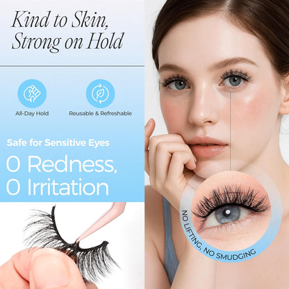 LASHVIEW Self Adhesive Eyelashes 5 Pairs Cat Eye Wispy Self-adhesive False Lashes Reusable Natural Look Press On Lashes No Glue Need Eyelashes with Replacement Adhesive Strips (CV130)