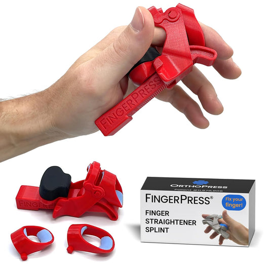 Finger Straightener | PIP Extension Orthosis/Splint For Bent Fingers, PIP Flexion Contractures | Adjustable Joint Stretcher Device | Made in USA | Red/Medium