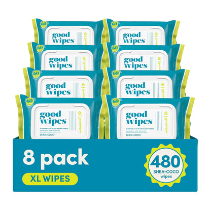 Goodwipes Flushable Butt Wipes Made with Vitamin E & Aloe - Soft & Gentle Wet Wipe Dispenser for Home Use, Septic & Sewer Safe - Largest Adult Toilet Towelettes - Shea Coco, 60 Count (Pack of 8)