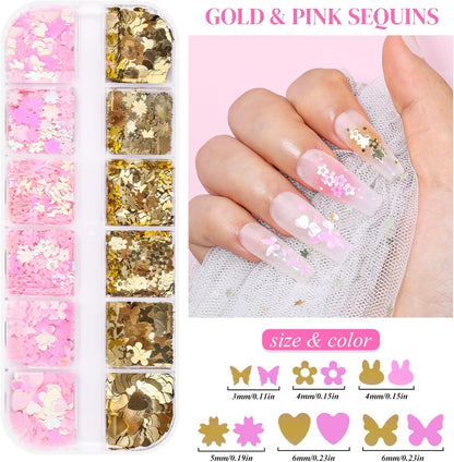 5 Boxes 60 Colors Holographic Nail Art Sequins Kit, Iridescent Sparkle Laser Hollow 3D Star Butterfly Heart Round Mixed-shapes Nail Glitter Flakes for Manicure Body Makeup Craft DIY (2-colorful-kit2)