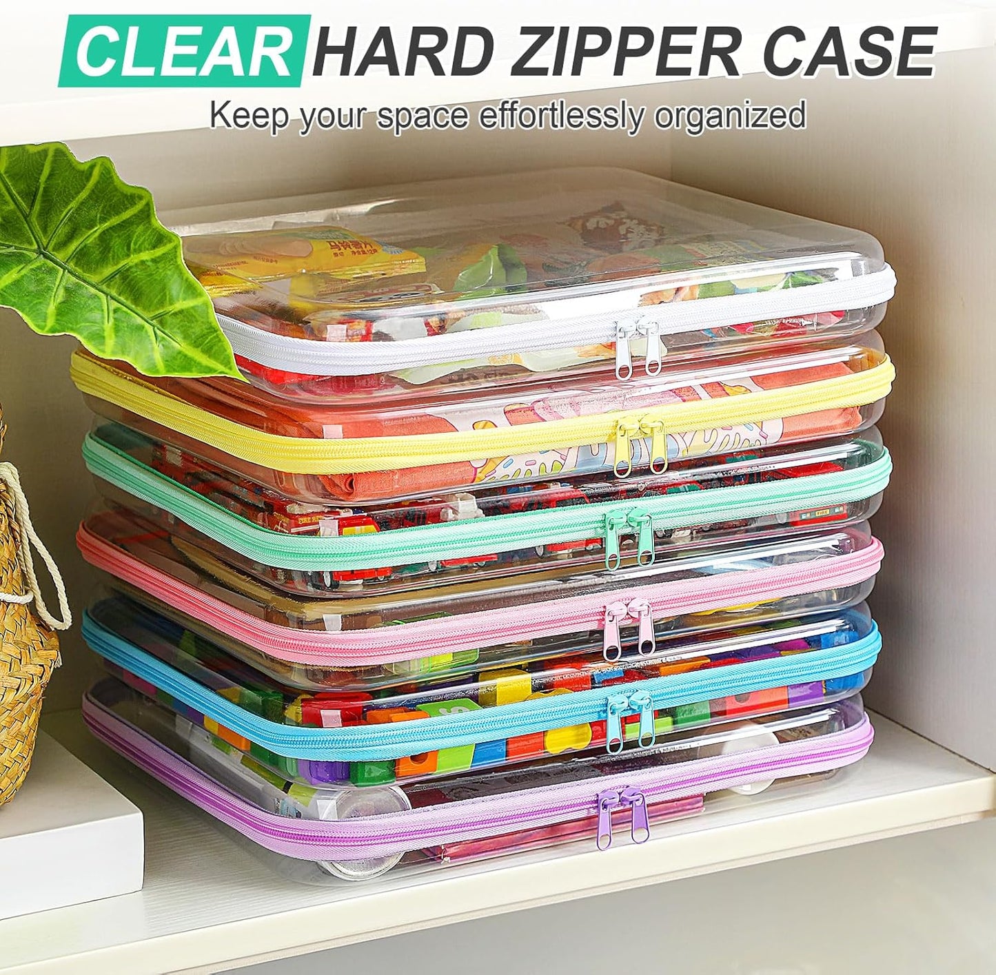 Sanwuta 6 Pcs Clear Hard Zipper Case Pencil Pouches Hard Plastic Zipper Pouches Makeup Bag Transparent Cases for Snacks Plastic Storage Organizer Box for Travel(Assorted Color,13.78 x 11.81 x 2 Inch)