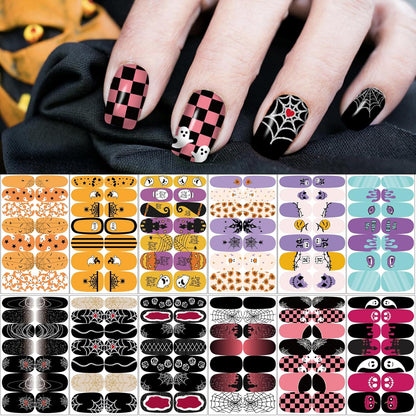 12 Sheets Halloween Nail Wraps Stickers, Nail Polish Strips DIY Self-Adhesive Full Glitter Nail Art Decals Pumpkin Bat Ghost Spider Skull Pattern with 2 Piece Nail Files for Party Decor (168 Pieces)