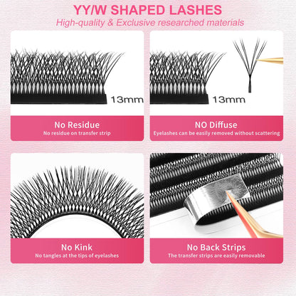 Lash Extensions Double Tips 4D Eyelash Extensions W Shape 0.07mm Thickness D Curl 13mm Premade Fans Easy Fan Volume Lashes Matte Black Crisscross(W-4D-Double Tips-0.07-D,13mm)