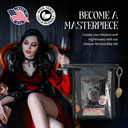 Vampire SFX Makeup Kit - Deluxe Wicked Bite Special Effects Face Makeup with 1/2 Oz. Extra Thick Fake Blood, Black Pencil Liner, Vampire Fangs and Stipple Sponge for Halloween or Stage - Bloody Mary